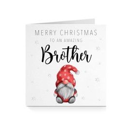 Merry Christmas To An Amazing Brother Seasonal Gonk Gnome Red Heart Watercolour Greeting Card For Him Step-Brother Xmas A788
