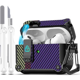 R-fun Compatible with AirPods Pro 2nd Generation 2023(USB-C),2022(Lightning Cable),1st Gen 2019 Charging Case, Full Drop Protection Auto Pop-Up Lid Design with Cleaner Kit,Carbon Fiber Purple