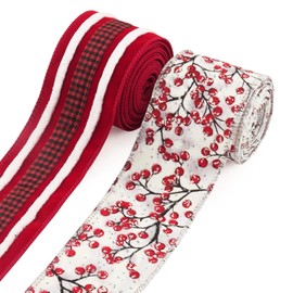 Habbiful 2 Rolls 2.5''x 10 Yards Christmas Wired Ribbon for Tree Crafts Wreath Bows Gift Wrapping Velvet Red Plaid Ribbons Merry Xmas Ribbon for Winter Party Home Decoration