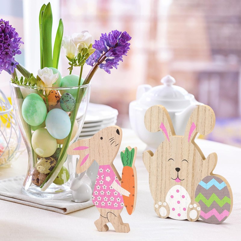LIHAO 4 x Rabbit Decoration Set Easter Bunny Wooden Easter