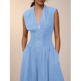 Cicy Bell Womens V Neck Casual Dressy Jumpsuits Smocked Zip Up Sleeveless Wide Leg Jumpsuit Summer Teacher Work Outfit