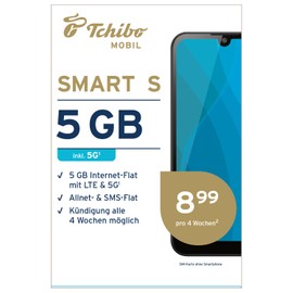 Tchibo MOBIL Smart S SIM Card | 5 GB Data Volume + Allnet & SMS Flat | Surfing with LTE/5G | Only €8.99 Every 4 Weeks | Without Long Contract Binding | EU-Wide Roaming