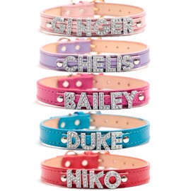 Collar de Perro con Nombre, Letras de Diamantes de imitación, Collar de Piel Nappa para Perro Personalizado. (XL (46-60cm), Lila)                     