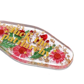 ASVP Shop the Patriarchy Pink Flowers Feminist Keyring, Motel Keyring, Retro Key Chain, Women's Empowerment, Mixed, 6cm x 3cm, mixed