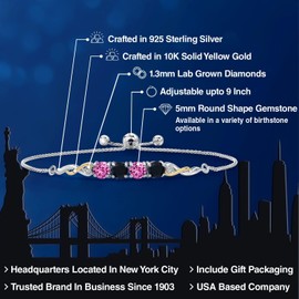 925 Silver and 10K Yellow Gold Pink Created Sapphire and Black Onyx and White Lab Grown Diamond Bracelet For Women | 2.07 Cttw | Gemstone September Birthstone | Round 5MM | Fully Adjustable 9 Inch