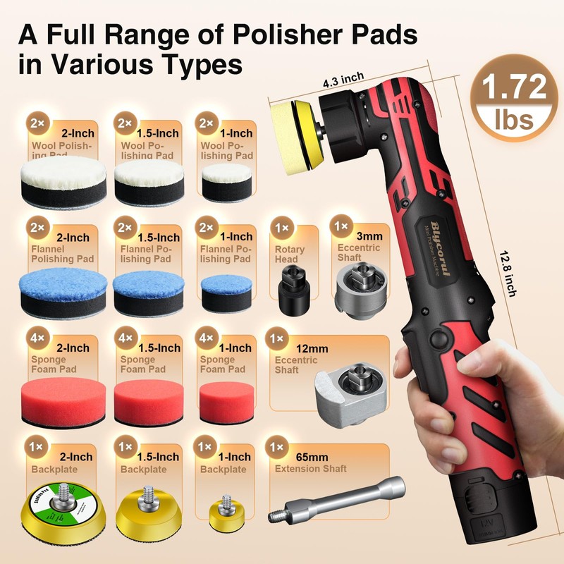 Blycorul Cordless Mini Polisher,1/1.5/2Inch,DA&RO with 11 Variable Speed 2500-6000 RPM,2