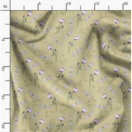 Soimoi Beige Cotton Voile Fabric Dragonfly & Floral Printed Craft Fabric by the metre 42 Inch Wide