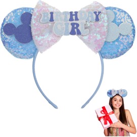 Mouse Ears Headbands Birthday Mouse Ears with Sequins for Cartoon Cosplay Accessories Party Decorations for Girls Women (Birthday Girl White-Blue)