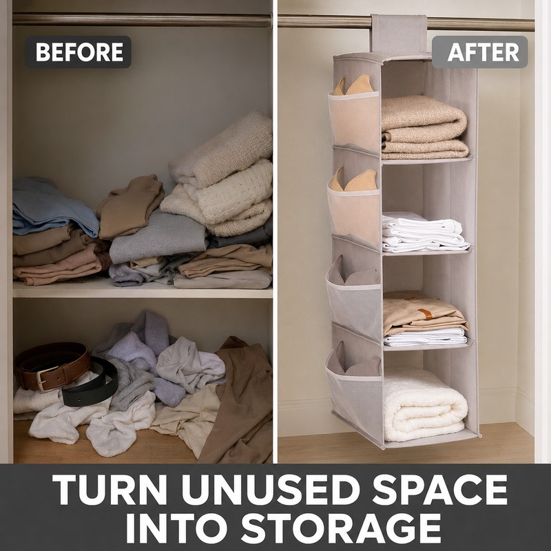 Foldable Hanging Closet Organizer with Mesh Side Pockets, Washable Non-Woven