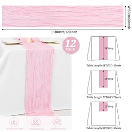 12 Pack Fall Table Runner Light Pink Cheesecloth Table Runner,10FT Gauze Boho Table Runner 20x120inch Rustic Table Runner for Wedding Party Bridal Shower Table Thanksgiving Christmas Decoration