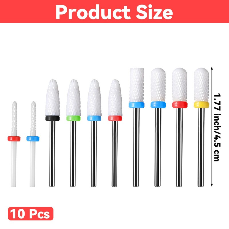 Wanmu 10Pcs Ceramic Nail Drill Bits, 3/32 Professional Acrylic Nail