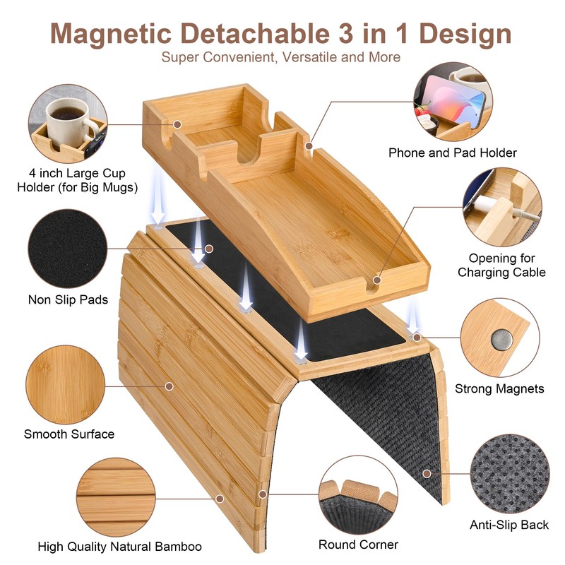 Joy&Grace Sofa Armrest Tray - 3 in 1 Magnetic Detachable