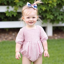 WZTYYDS Baby Girl Summer Clothes Newborn Smocked Bubble Romper Solid Puff Short Sleeve Bodysuit Cute 3 6 9 12 Months Outift (Pink, 3-6 Months)