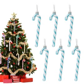 13cm Baby Blue White Candy Cane Christmas Decoration,6pcs Christmas Glitter Candy Cane,Xmas Tree Pendant Hanging Ornaments Plastic Candy Cane for Christmas Tree Decoration,Holiday New Year Party Decor