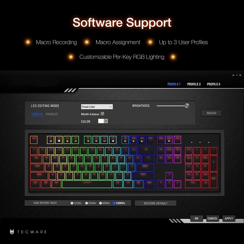 TECWARE Phantom+ 87 Key Mechanical Gaming Keyboard, RGB led, TKL