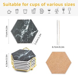 Marble Coasters Set of 6 - Ceramic Coasters with Metal Holder and Cork Base - Drink Coasters Set Home Decor for Living Room Bar - Housewarming Gifts for Cups and Tables