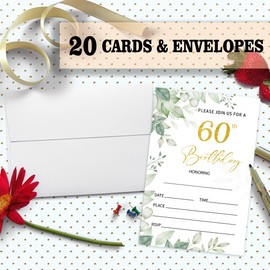60th Birthday Invitation Cards for Women Men, 60 Years Old Birthday Invites for Adult, Greenery Birthday Party Supplies, Favors, 20 Cards With 20 Envelopes -01