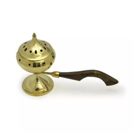 Prabhuji's Gifts Burner - Brass Burner Large with Wood Handle 6.5"Hx3.5"Dx9.