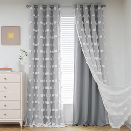 MYSKY HOME Living Room Curtains 84 Inchs Long Grey Curtains for Bedroom Blackout Curtains for Kids Room Grommet Room Darkening Pom Pom Curtains White Sheer Double Layer Drapes for Boys Room W52 X L84