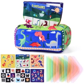 COREJOY Juguetes de Caja de pañuelos, Caja de pañuelos para Montessori, Juguetes sensoriales para recién Nacidos, Caja de pañuelos mágicos, Dinosaurio