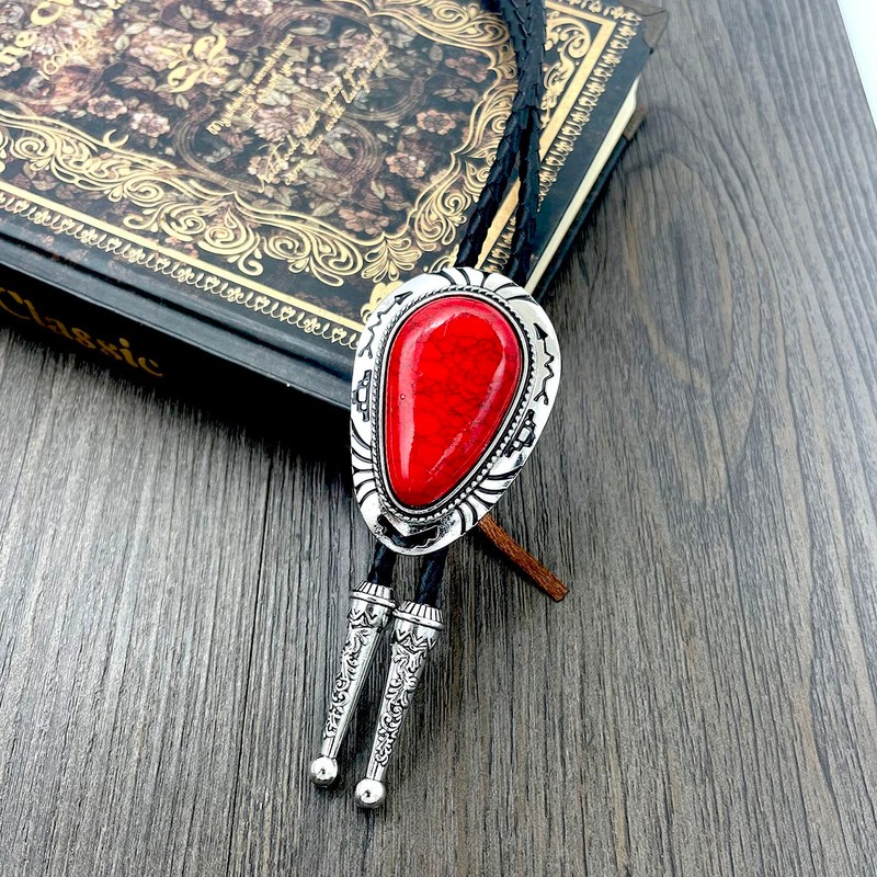 QUKE Red Stone Bolo Tie Native Western Cowboy Handmade Genunie