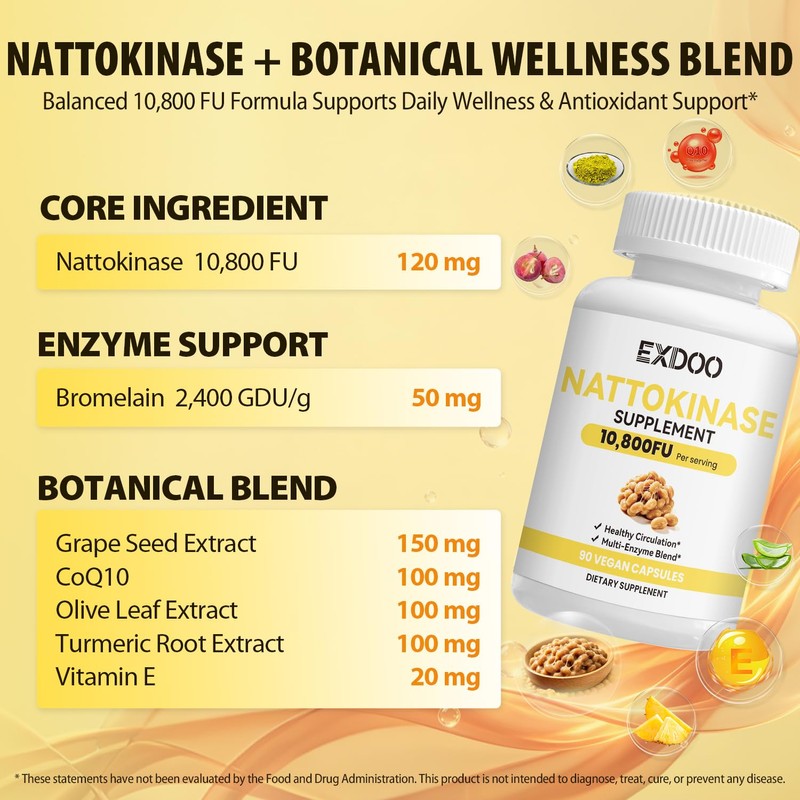 Nattokinase 10,800 FU Supplement Capsules for Daily Wellness