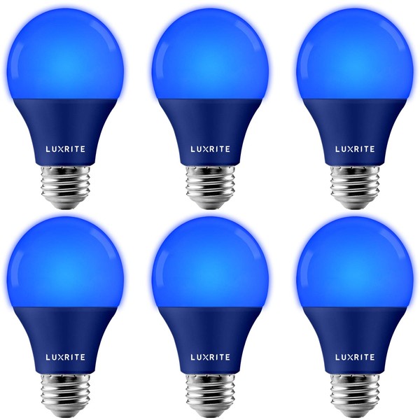 LUXRITE A19 LED Blue Light Bulb, 60W Equivalent, Non-Dimmable, UL Listed, E26 Standard Base, Indoor Outdoor, Porch, Christmas, Decoration, Party, Holiday, Event, Home Lighting (6 Pack)