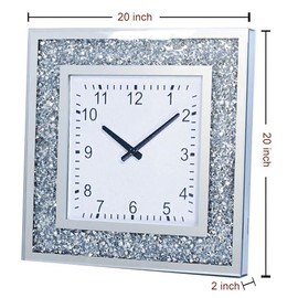 CUYOU Large Size Crushed Diamond Mirror Wall Clock,Crystal Diamond Art Decor Living Room Home Kitchen School Office (Silver-Square 50CM)