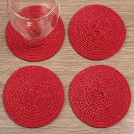 Round Braided Woven Polypropylene Plastic Coaster Set of 4 (Red)