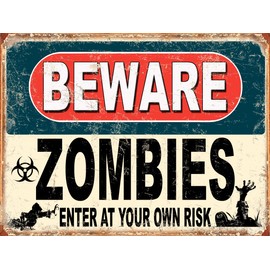 Shawprint Beware Zombies Enter At Your Own Risk Funny Metal Signs Father's Day Home Pub Indoor & Outdoor Garden Bar Garage Vintage Wall Plaque Man Cave Gift Retro (A4)