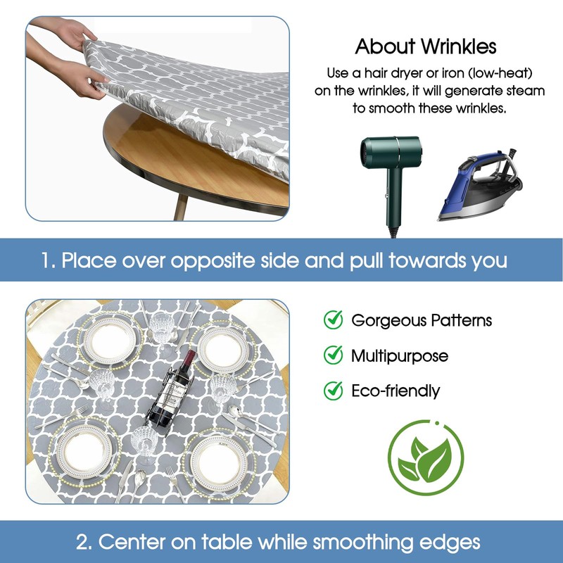 Yeqqzq Round Fitted Vinyl Tablecloth with Elastic Edged, Flannel Backing,