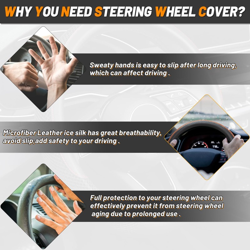 KAFEEK Steering Wheel Cover, Universal 15 inch, Microfiber Leather Viscose,