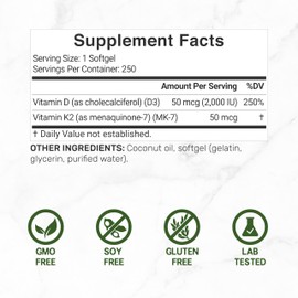 DEAL SUPPLEMENT Vitamin D3 2,000 IU + K2 MK7 50mcg Softgels | 2-in-1 Complex with Virgin Coconut Oil | Supports Heart, Bone, Teeth & Immune Health | Easy to Swallow