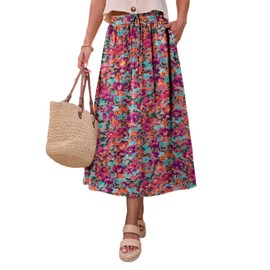 Magritta Women’s Bohemian Ditsy Floral Midi Skirt High Waisted Elastic Flowy Design for Beach Party Holiday Flower Orange Small Size