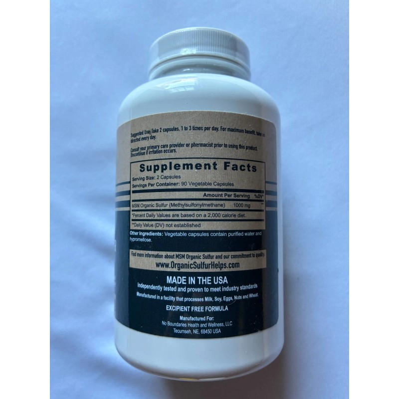 No Boundaries Health 500mg MSM Organic Sulfur 180 Capsules Joint