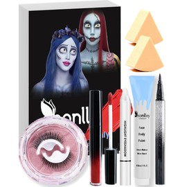 Honlley Halloween Sally & Corpse Bride Makeup Kit - Light Blue Water-Based Face Paint Washable, Red Lip Stick, Black Eyeliner, False Lashes, White Eyeshadow | Cosplay SFX Makeup Set for Costume Party