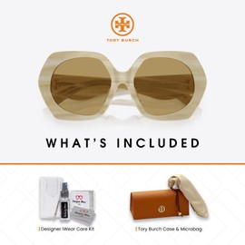 Tory Burch TY7195U 195073 55MM Ivory Horn/Brown Hexagonal Sunglasses for Women + BUNDLE With Deisgner iWear Complimentary Eyewear Kit