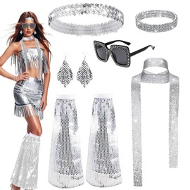 REDKNOT 70s Disco Accessories Women's 6 Pieces 60s Silver Glitter Costume Accessories Women with Sequins Scarf, Sunglasses, Earrings, Bracelet, Headband, Leg Warmers 1970s Disco Carnival Party, silver