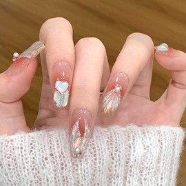 Hkanlre Coffin Fake Nails Tips Shiny Press on Nails Heart Full Cover Rhinestones Pink False Nails for Women 24PCS