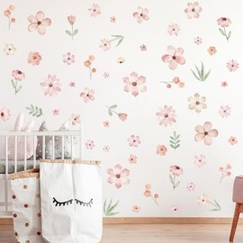 Calcomanías de pared de flores bohemias, arte de flores de acuarela rosa, calcomanías de pared de flores silvestres, calcomanías extraíbles para recámara de niñas, decoración de habitación de niños