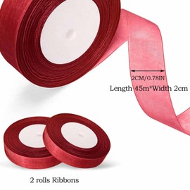 RSYHVG 2 Rolls of Red Organza Chiffon Ribbon, 20mm x 45m Each, for DIY Crafts, Gift Wrapping, Birthday Party Decoration