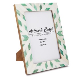 Artwork Craft Bone Photo Frame Aztec Pattern Inspired Vintage Table-Top/Wall Décor Chevron Art Boho Christmas Picture Frames (5x7 Inches, Green)