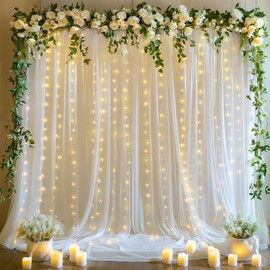 10x10ft White Tulle Backdrop Curtains with Lights String for Parties,Wrinkle Free Sheer Curtain with Lights Wedding Photo Backdop Drapes for Baby Shower Birthday Party Photography Home Decorations