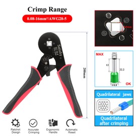 Bootlace Ferrule Crimping Tool,16mm Crimping Tools 0.08-16mm²/AWG28-5,Ratchet Structure Quadrilateral Crimp Jaws with 30PCS 10mm² and 30PCS 16mm² Tinned Brass Bootlace Ferrule