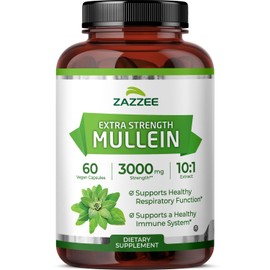 Zazzee Extra Strength Mullein 10:1 Extract, 3000 mg Strength, 60 Vegan Capsules, 2 Month Supply, Standardized 10X Extract, 100% Pure Leaf Powder, All-Natural and Non-GMO, Made in The USA