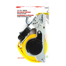 Retractable Ratchet Tie Down 1.5 inch x 16 feet Self-Locking 5000lb Breaking Strength Yellow Polyester Webbing