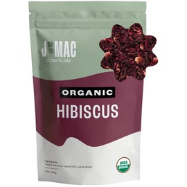 J Mac Botanicals, Organic Hibiscus Flower (4 ounce), Hibiscus tea, cut & sifted flowers, dried from Egypt, herbal tea leaves, Flor de Jamaica, edible