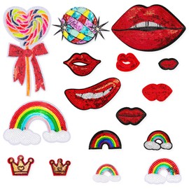 16PCS Red Lips Sequin Iron on Patches, Red Lips Rainbow Lollipop & Crown Embroidered Applique Patch, Sparkling Embroidery Patches for Clothes Backpack Jean Jacket Hat Bag DIY Sewing Craft Decoration