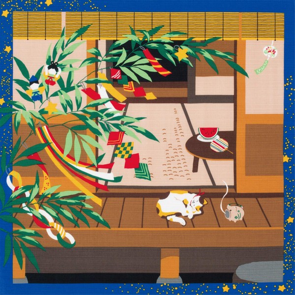 Furoshiki Cat and Tanabata Star Festival Decorations Motif Japanese Fabric