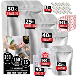 120 Mylar Bags with 150 Oxygen Absorbers-168 Labels & Stand-Up Reusable 4 Sizes Airtight Smell Proof Resealable Bags with 15 Clips-11 MIL Food Storage Large Mylar Bags